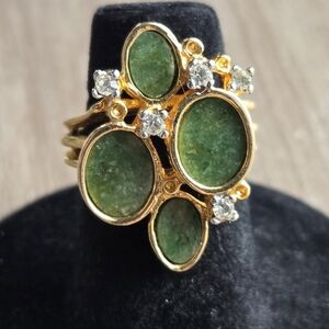 VTG Estate 1970s Faux Diamond Jade Jadeite Gold Tone Statement Ring 18k HGE Sz 5